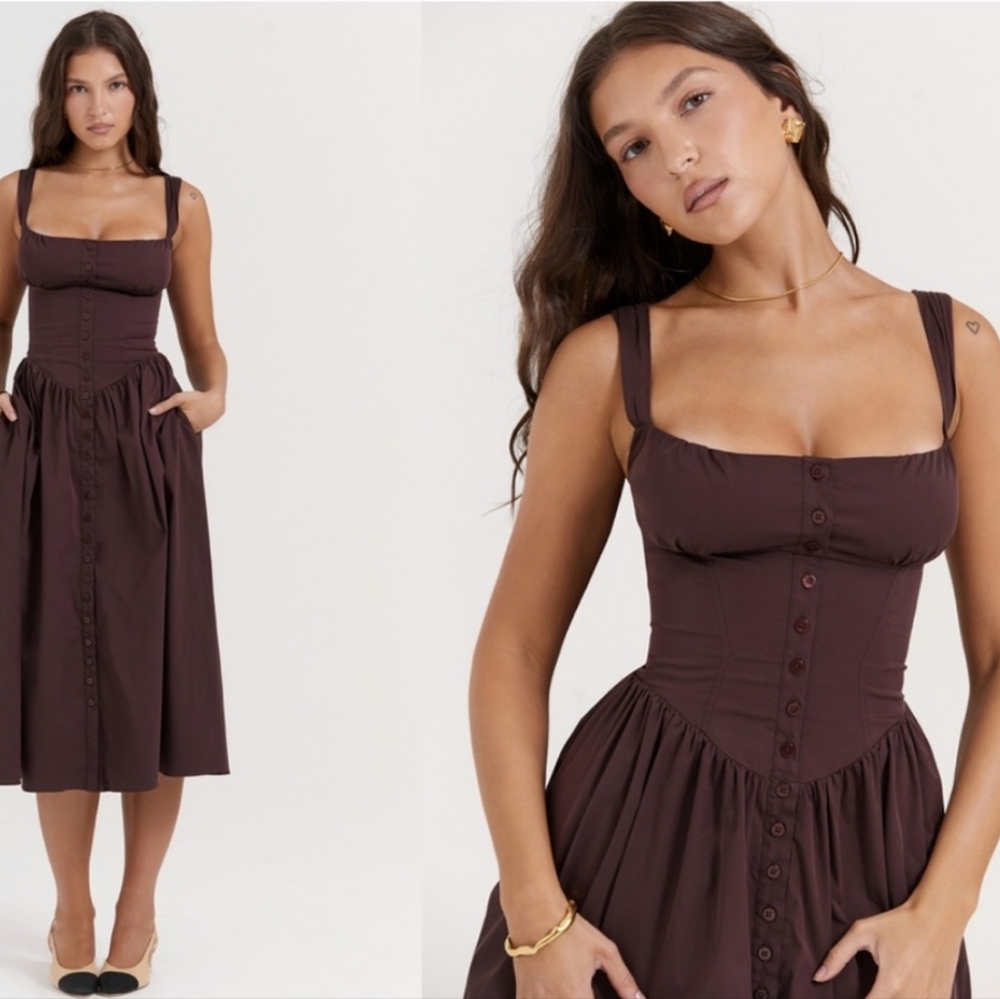 House of CB Chocolate Brown Button-Front Midi Dress